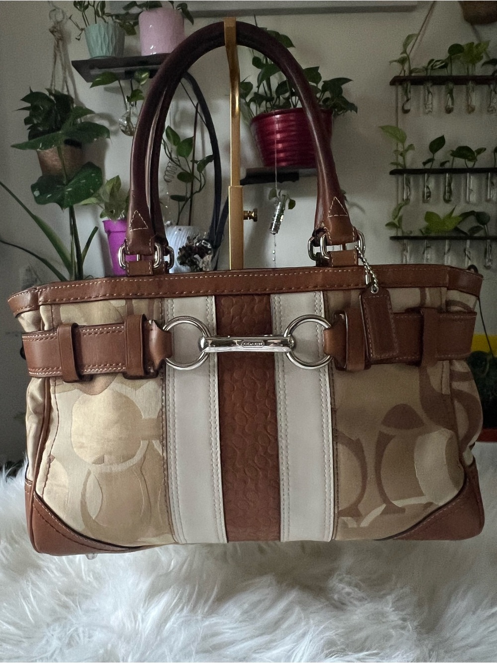 Coach Brown and Cream Signature Stripe Shoulder Bag